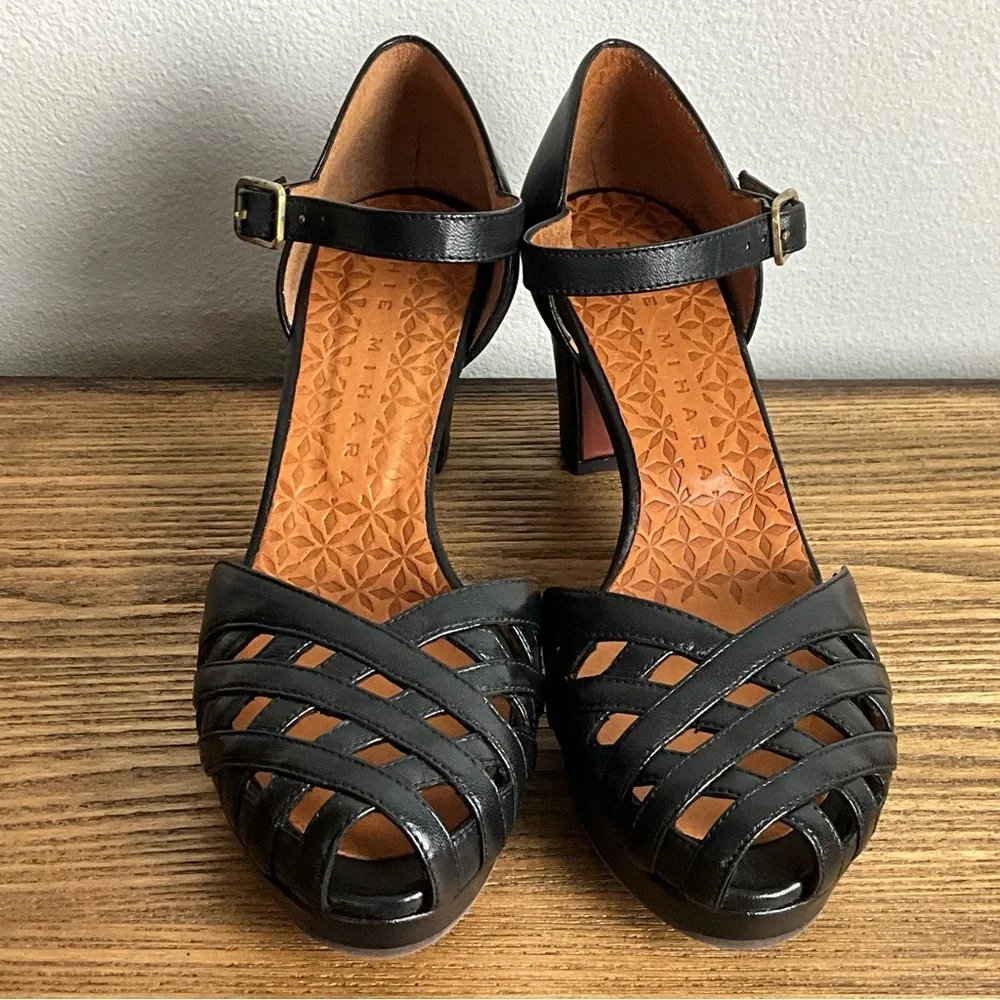Chie Mihara Black Leather Woven Ankle-Strap Heels